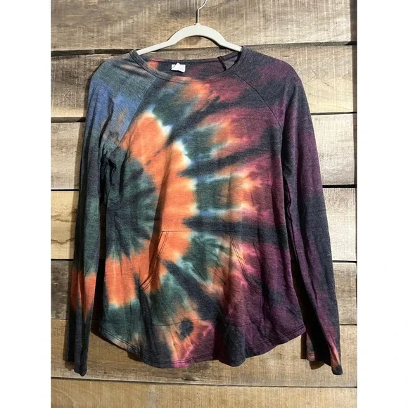 No Boundaries Womens Tie Dye Long Sleeve Top Orange Purple Size M 7-9 Pocket - Picture 1 of 4